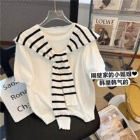 Áo thun ngắn tay mùa hè đan len với khăn choàng sọc cho phụ nữ
