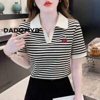 Áo thun ngắn tay mùa hè DADOMYD, áo thun sọc sọc đen trắng, áo thun thêu đơn giản