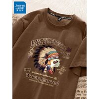 Áo thun ngắn tay nam Jeanswest American Retro, mùa hè 2025, thương hiệu thời trang mới, áo thun nửa tay nam màu nâu, cotton nguyên chất