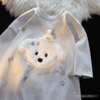 Áo thun ngắn tay rộng rãi cỡ lớn cho nữ, trang phục cặp đôi [Các yếu tố thêu thời thượng] 100% cotton, áo thun ngắn tay mới mùa hè với hình chó nhồi bông, phong cách ngọt ngào, sang trọng, trẻ trung.