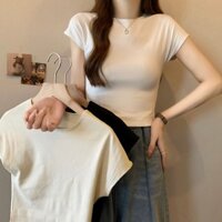 Áo thun ngắn tay siêu nhỏ 100% Cotton màu trơn eo cao ngắn hàng đầu nữ