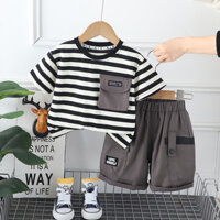 Áo thun ngắn tay sọc Cotton + quần Short Bộ 2 món mùa hè cho bé trai hoạt hình ô tô Pyjama Bộ đồ thể thao thông thường Bộ đồ quần áo 0-6 tuổi