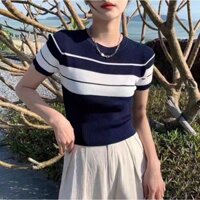 Áo thun ngắn tay sọc đơn giản cổ tròn thời trang Hàn Quốc mới cho phụ nữ 1BYI