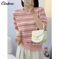 Áo thun ngắn tay sọc màu hồng Áo len Tencel cổ tròn thời trang dành cho nữ