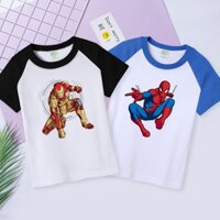 Áo thun ngắn tay Spider-Man dành cho trẻ em bé trai cotton nguyên chất nửa tay Iron Man quần áo mùa hè Marvel siêu anh hùng