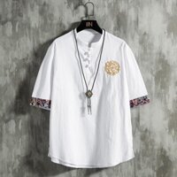 Áo thun ngắn tay thêu cho nam, mùa hè mỏng vừa vặn, thương hiệu thời trang, kích thước lớn, phong cách tang suit Trung Quốc, áo thun cotton có nút