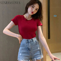 Áo thun ngắn tay thêu chữ SINRANSINYA dành cho nữ Slim Fit Quần áo học sinh hàng đầu dành cho nữ