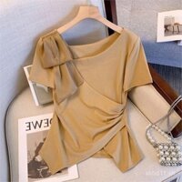 Áo thun ngắn tay thời trang mùa hè mới thiết kế cổ lệch không đều cho phụ nữ, kích thước lớn, che bụng, xu hướng hàng đầu thanh lịch