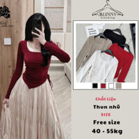 Áo thun nhũ mịn rút eo vạt chéo MUNNY CLOTHING áo dài tay cổ vuông 314