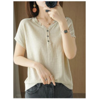 Áo thun nữ áo kiểu Hàn Quốc dệt kim tay ngắn cổ chữ V màu trơn basic phong cách nhẹ nhàng hàng Quảng Châu LM004