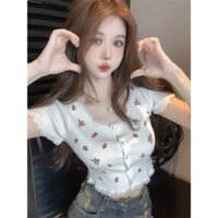 [Áo thun nữ] Áo len dệt kim ngắn phối ren phong cách mới mùa hè kiểu Pháp