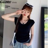 Áo thun nữ Áo len giảm béo tay ngắn kiểu Pháp Áo mỏng