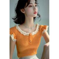 Áo thun nữ Áo len ren màu cam Áo len bay mùa hè