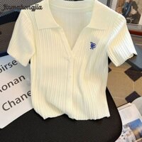 Áo thun nữ Áo thun dệt kim ngắn tay thông thường Áo polo hàng đầu