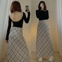 Áo thun nữ, Áo thun tay dài hở lưng ôm dáng chất thun tăm co giản ôm body màu Đen/Nâu