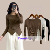 Áo Thun Nữ Áo Thun Trơn Cổ Tròn Nhúm Eo Vạt Chéo Dài Tay Basic - Premium