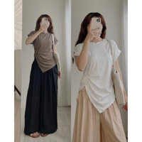 Áo thun nữ, Áo vạt chéo eo xếp ly dáng ôm trơn cộc tay chất vải cotton mịn