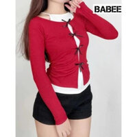Áo Thun Nữ BABEE Kiểu Cardigan Cột Nơ Tay Dài Phối Yếm Trắng Liền Thân Ôm Body Tôn Dáng