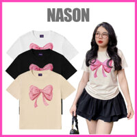 Áo Thun Nữ Baby Tee Che Bắp Tay In Hình Nơ Hồng Big Bow Chất Liệu Cottton Mềm Mịn Top Women Cotton Cổ Tròn NASON CLOTHIN