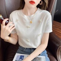 Áo thun nữ BH tay ngắn cổ tròn đính hạt cườm phong cách Hàn Quốc
