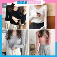 Áo Thun Nữ Bo Gân Dài Tay Cổ V Dáng Ôm Chất Đẹp Mềm Mịn 4 Màu 502 - Nina House