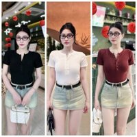 ÁO THUN NỮ CÀI NÚT SANG CHẢNH 3 TONE MÀU Women Thun Cổ Tròn