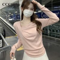 Áo thun nữ CCCindee cổ bất đối xứng dài tay ôm vừa vặn xếp ly 2024