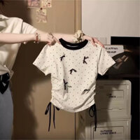 ÁO THUN NỮ CHẤM BI NHỎ ĐÍNH NƠ XINH - DÂY RÚT 2 BÊN VẠT EO SIÊU XINH