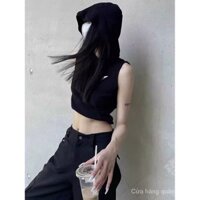 Áo Thun Nữ Chất Thải Đất Phong Cách Phù Hợp Với Mũ Trùm Đầu Ninja Không Tay Thiết Kế Không Lưng Cảm Giác Công Nghiệp Nặng Rời Niche Ngắn Top