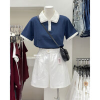 Áo thun nữ cổ bẻ phối ren / DZU.SG /