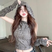 Áo thun nữ có mũ trùm đầu còng lệch vai rỗng cổ điển Áo Crop top mùa hè mỏng