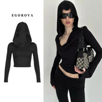 Áo thun nữ có mũ trùm đầu mùa thu màu trơn dài tay cổ tròn mỏng vừa vặn