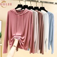 Áo thun nữ có mũ trùm đầu modal cotton trơn không tay áo thun dài tay áo nữ Áo mỏng hàng đầu M-XL