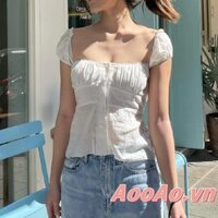 Áo thun nữ có nút xuống Mũ tay cổ vuông xếp hình bán thân Slim Fit Áo