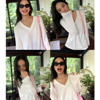 Áo thun nữ cổ tim tay dài form rộng cá tính  TOHOSTORE, Aó thun tay dài cổ v, cổ tim thun giấy, thun xược form rộng