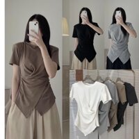 Áo thun nữ cổ tròn nhúm eo - Áo thun trơn cộc tay nữ xoắn eo vạt chéo chất thun cotton co giãn 4 chiều bigsize