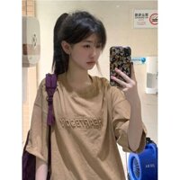 Áo thun nữ cổ tròn retro ba chiều phong cách Mỹ mùa hè chữ cái tay ngắn thoải mái