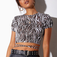 Áo thun nữ cổ tròn tay ngắn sọc ngựa vằn in ren lưng mỏng mùa hè áo Crop top