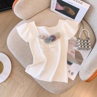 Áo thun nữ cổ tròn trang trí hoa ngắn tay thường ngày mùa hè Áo mới