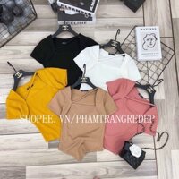 áo thun nữ cổ vuông phối dây chéo cổ, áo phông cổ U vạt bầu chất co dãn