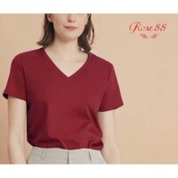 Áo thun nữ cộc tay cổ tim dáng suông phông trơn vải cotton co giãn