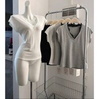 Áo Thun Nữ Cộc Tay Cổ V Phối Ren Viền Cổ Ôm Body , Áo Thun Nữ Cộc Tay Ren 100% Cotton CC 300GMS