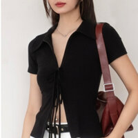 Áo thun nữ cotton form ôm cổ sơ mi phối dây kéo hai đầu kèm dây nơ phá cách - NA472