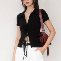 Áo thun nữ cotton form ôm cổ sơ mi phối dây kéo hai đầu kèm dây nơ phá cách Noiree - NA472