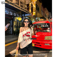 Áo thun nữ cotton kitty in hoạt hình đường viền cổ lớn tay ngắn mỏng màu trắng quây áo