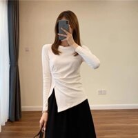 Áo Thun Nữ Dài Tay BaSic Kiểu Nhún Eo Vạt Lệch Xẻ Tà Chất Cotton Mềm Co Giãn Tôn Dáng Mã 002