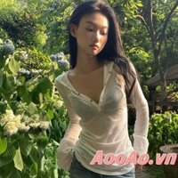 Áo thun nữ dài tay có mũ trùm đầu cổ chữ V xuyên thấu