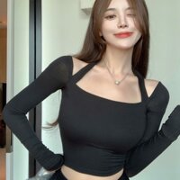 Áo thun nữ dài tay cổ vuông dây lệch vai Slim phiên bản Hàn Quốc Croptop