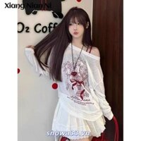 Áo thun nữ dài tay in chữ Nơ cổ chữ U Áo bảo vệ chống nắng hàng đầu