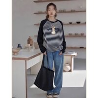 Áo thun nữ dài tay kẻ sọc trắng đen phối màu in hình siêu xinh JULY FASHION, Áo thun Ragan tay dài dáng rộng Thun xượt